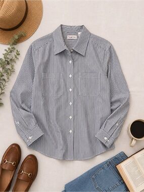 ✨Vintage Talbots Women’s Gray White Striped Button Up Shirt Sz 12 100% Cotton✨